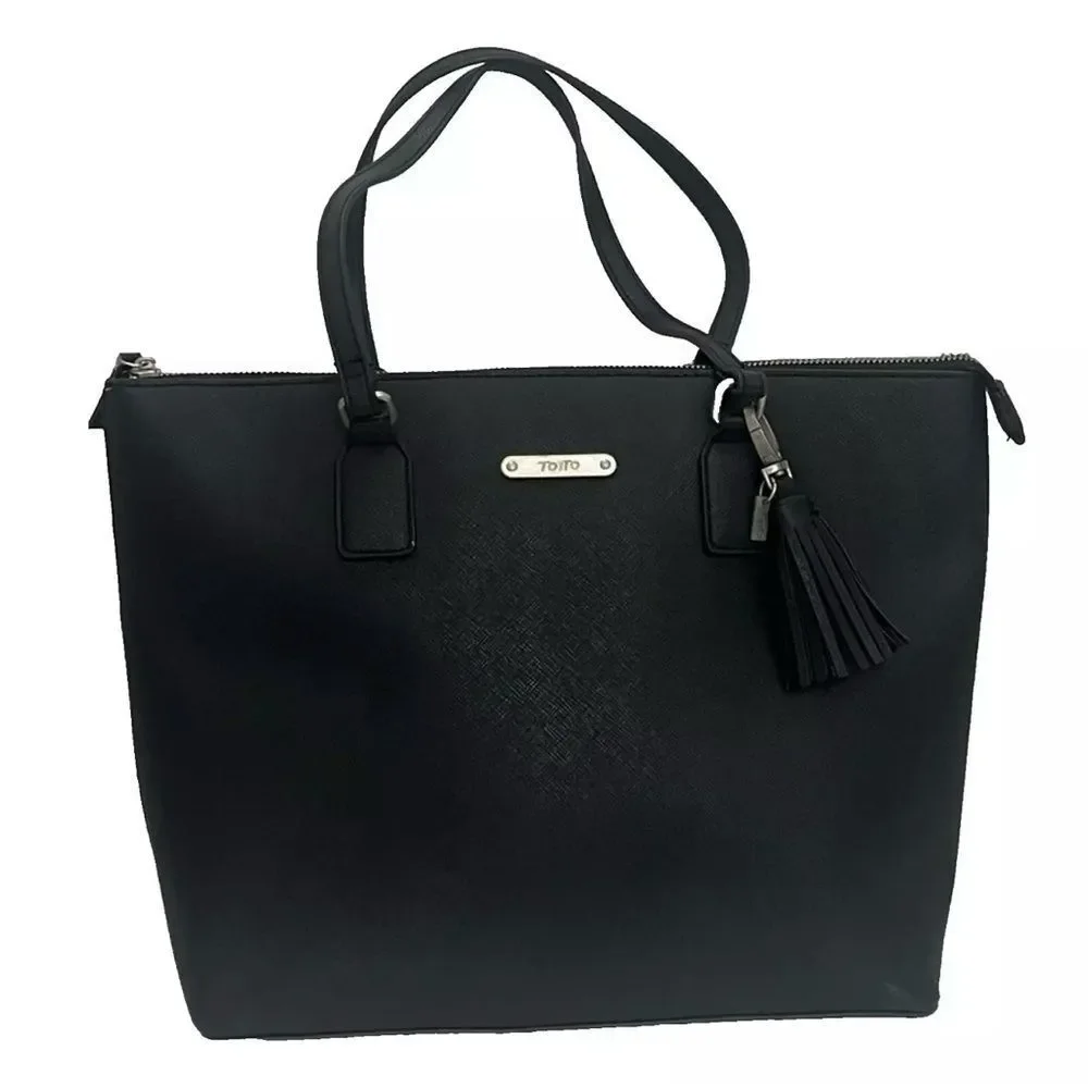 Totto Carinae Medium Tote‎ Bag Black Polyvinyl Roomy Travel Office Casual Tassel